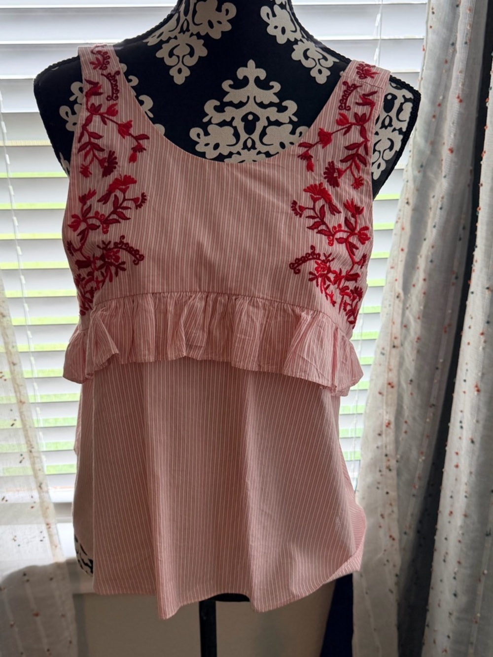 Zara Pink Striped Tank with Red Floral Embroidery